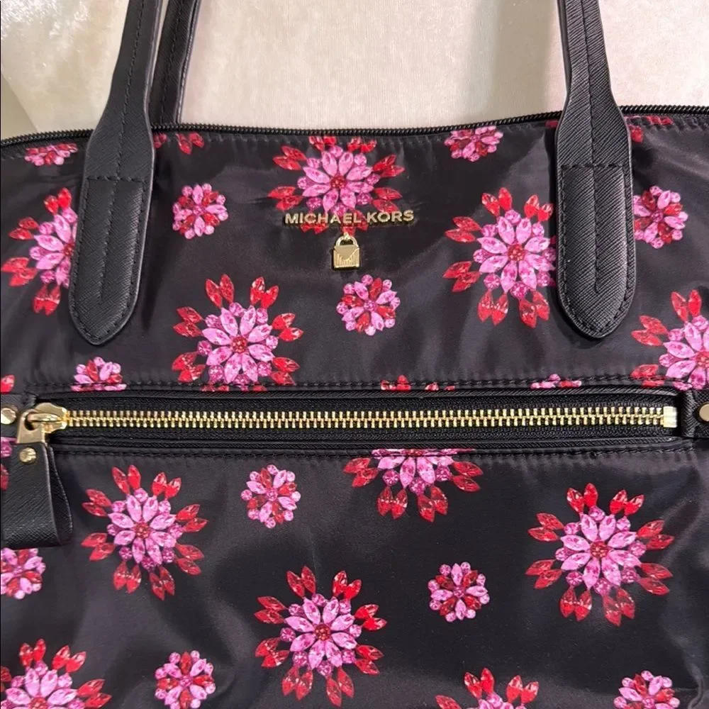 Michael Kors Nylon Floral Tote Bag Black/Pink Floral Print, Gold Tone Hardware - Picture 2 of 15